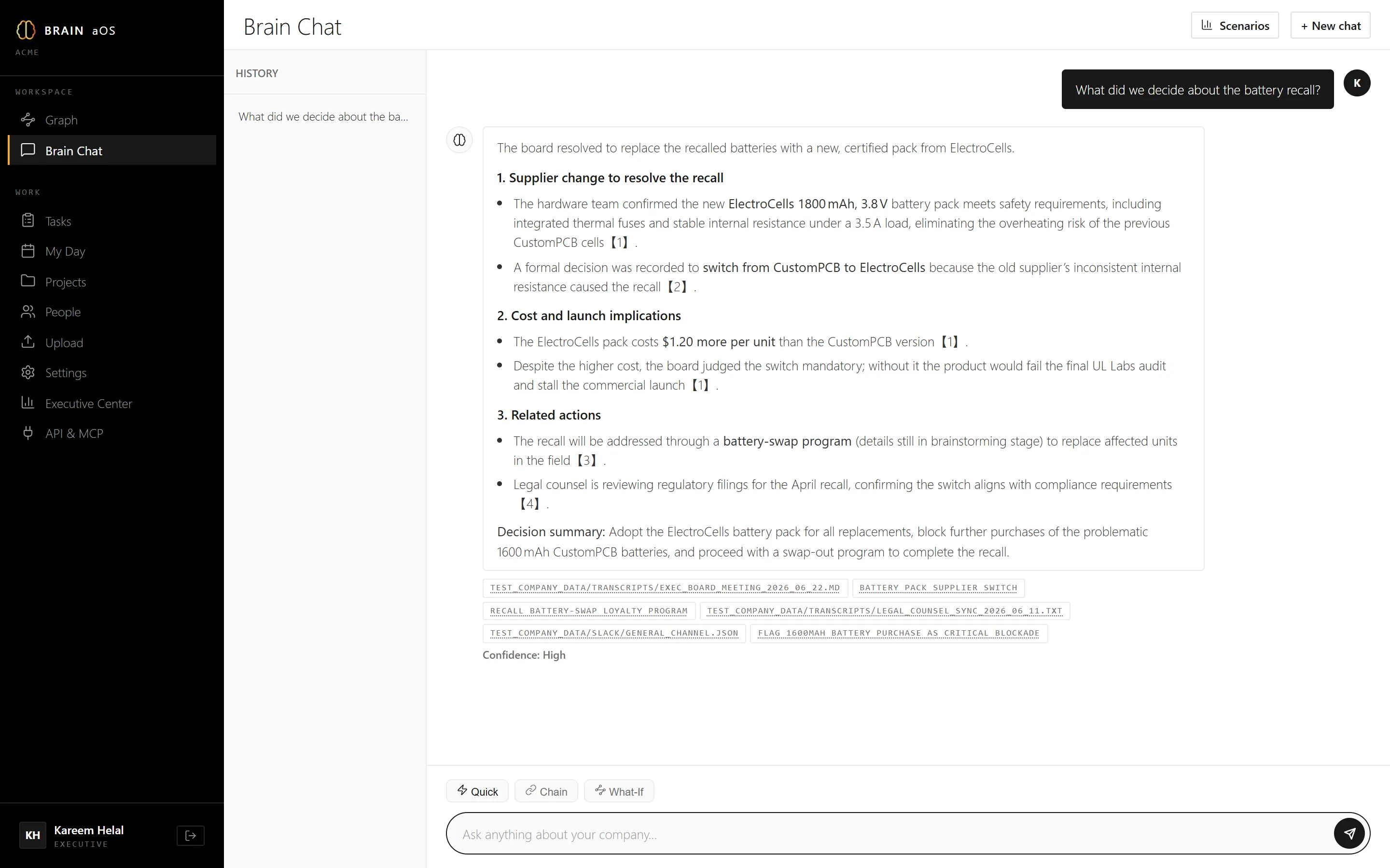 Quick mode: grounded answer with citations and confidence