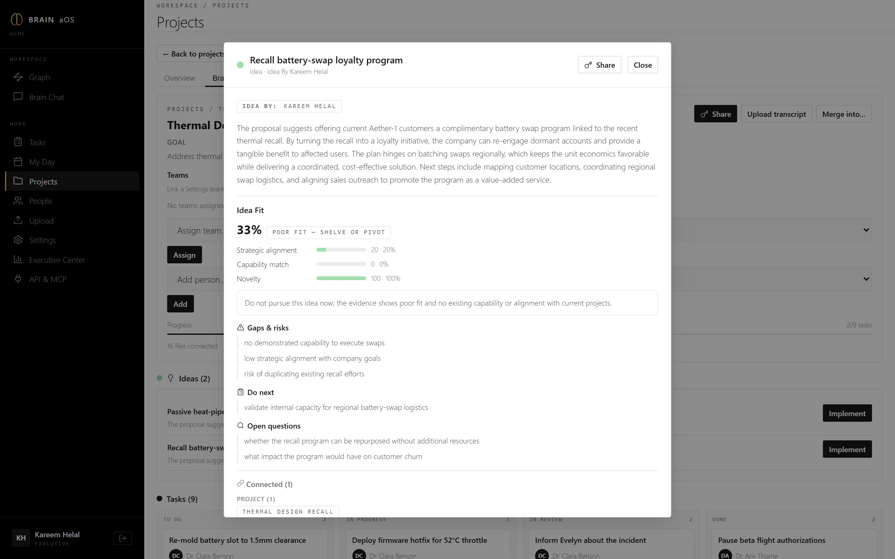 Idea assessment with fit score, gaps, and next steps